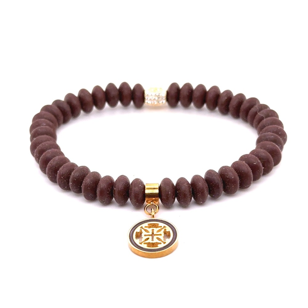 Rustic Cuff Brown Beaded Stretch Bracelet Gold Tone Cross Charm Accent